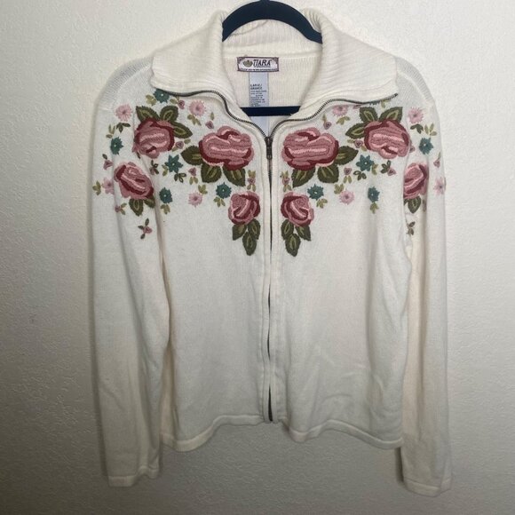 Vintage Tiara International Cardigan Womens Size L White Floral Embroidered Zip - Picture 1 of 10